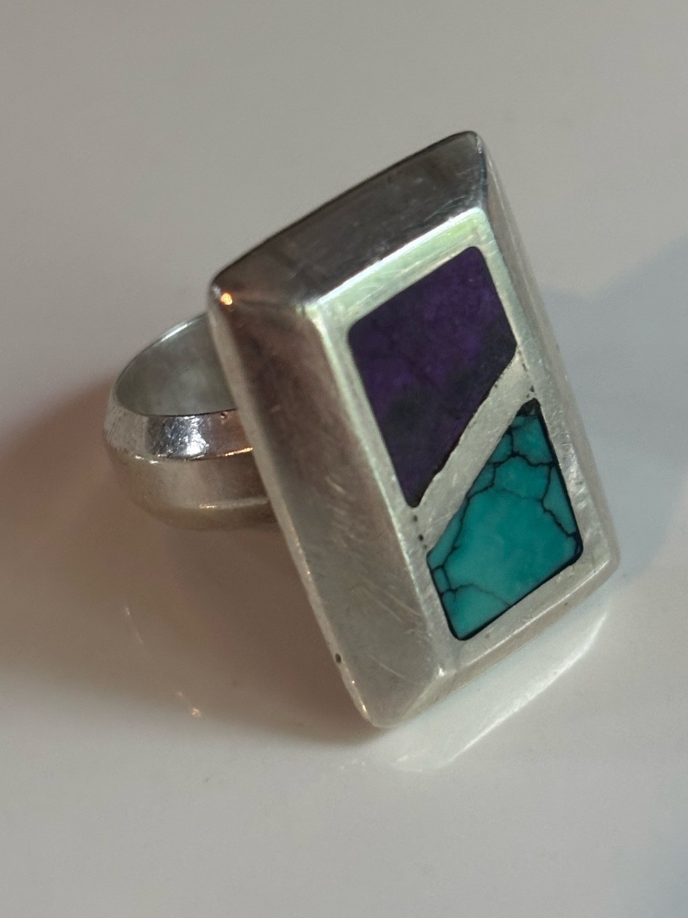 Zuni Sterling Silver Turquoise Purple Sugilite Inlay Rectangle Statement Ring 6 - Picture 2 of 12
